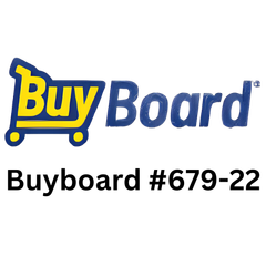 A blue and yellow logo for buy board buyboard # 679-22