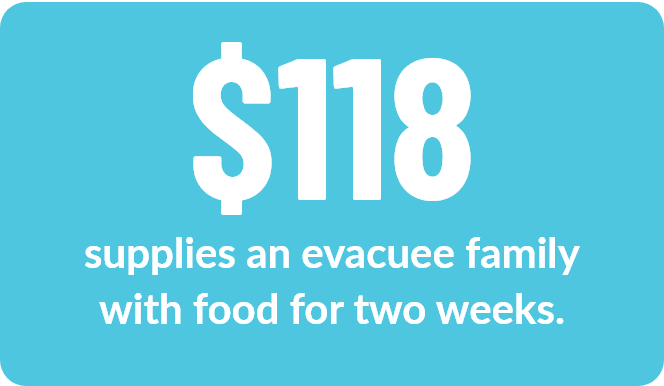 $118 supplies an evacuee family with food for two weeks