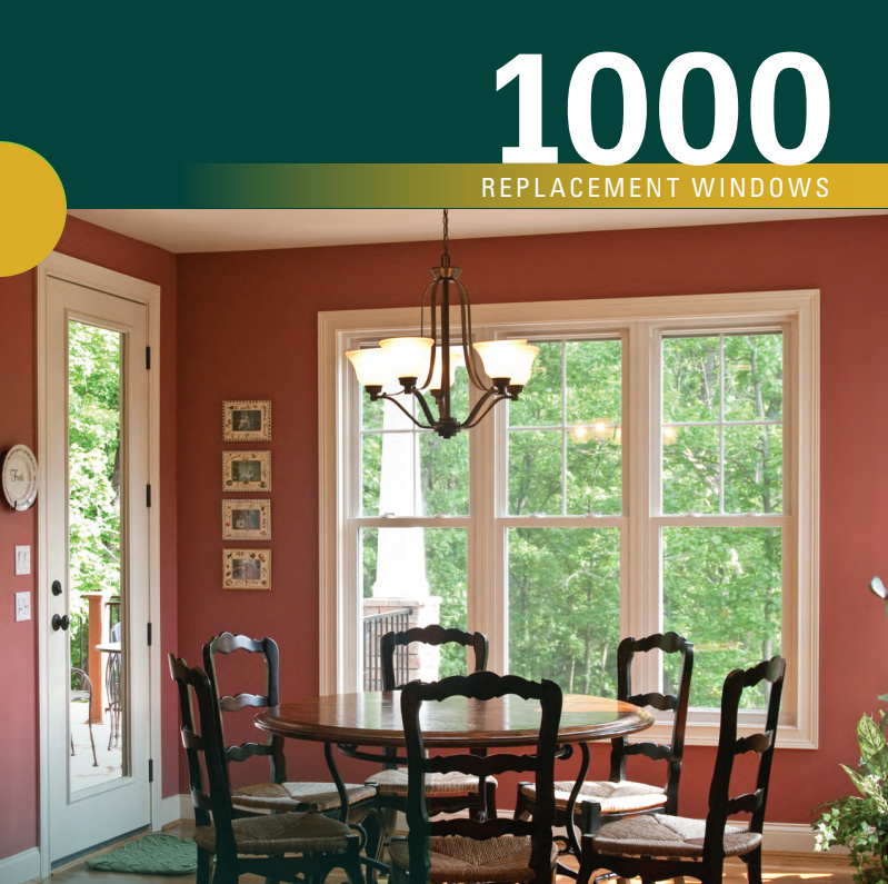 A poster for 1000 replacement windows shows a dining room with a table and chairs