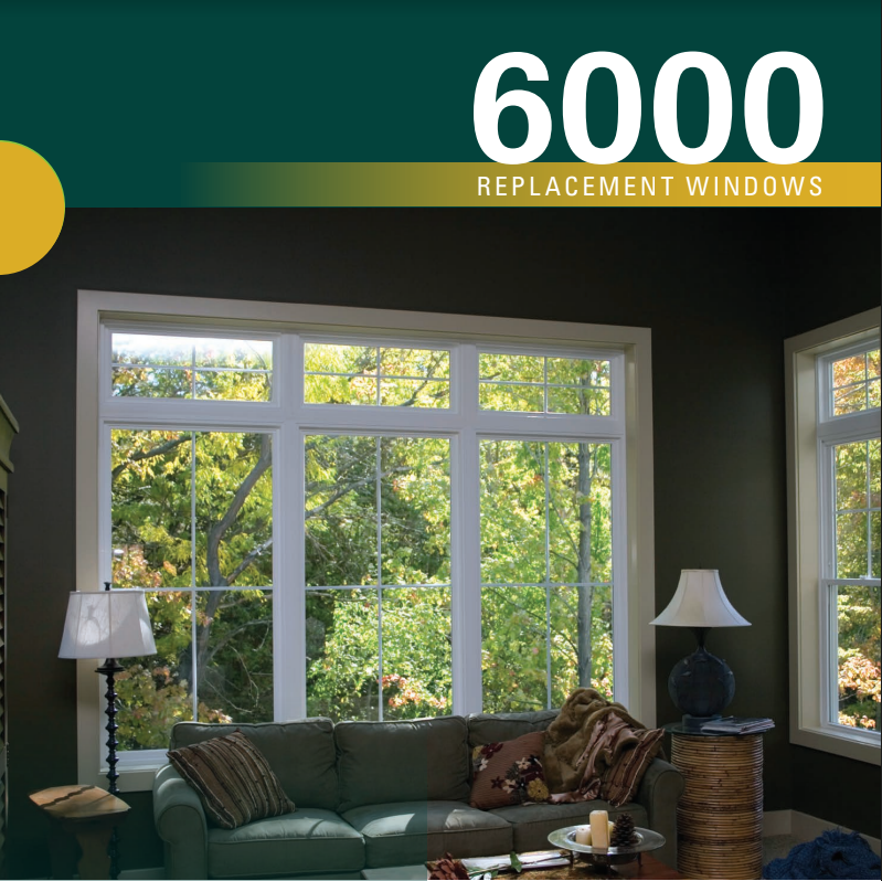 A living room with a couch and lamps and the words 6000 replacement windows