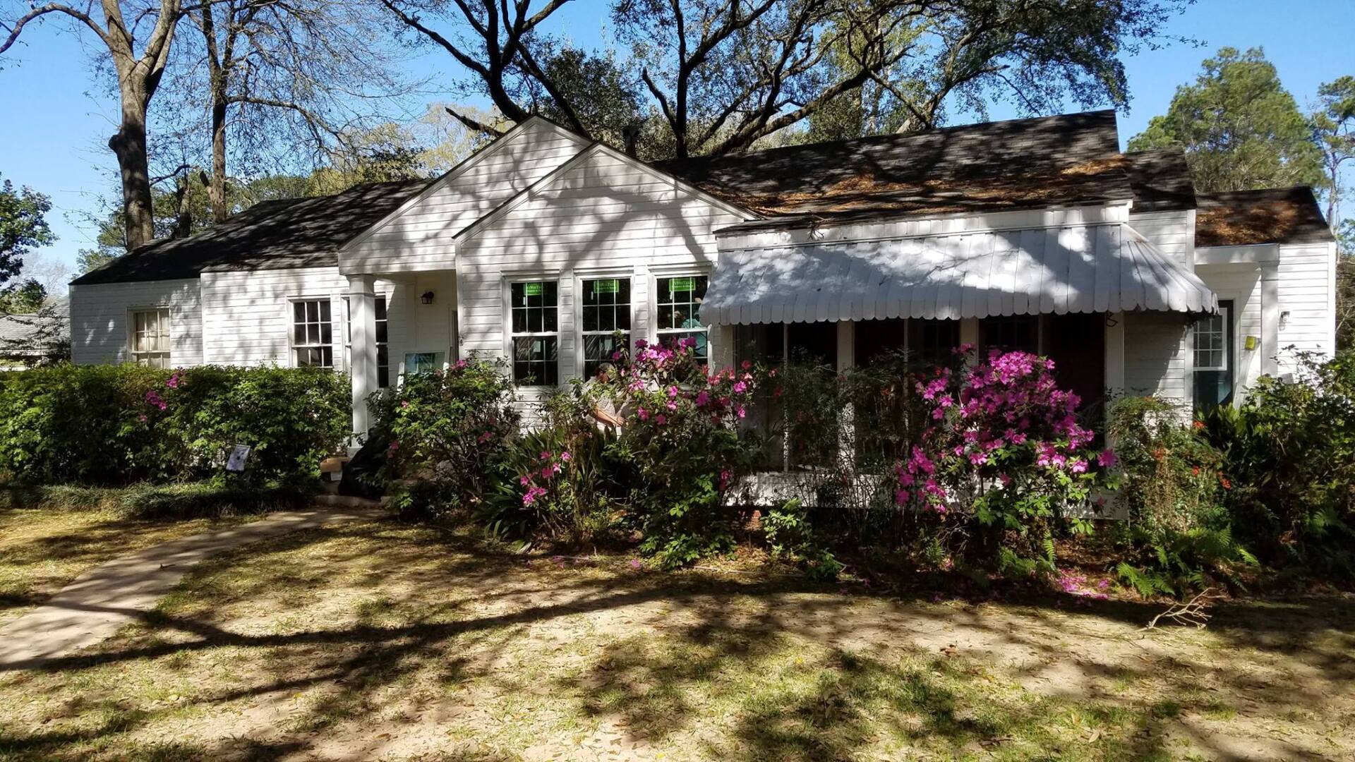 A white house with purple flowers in front of it