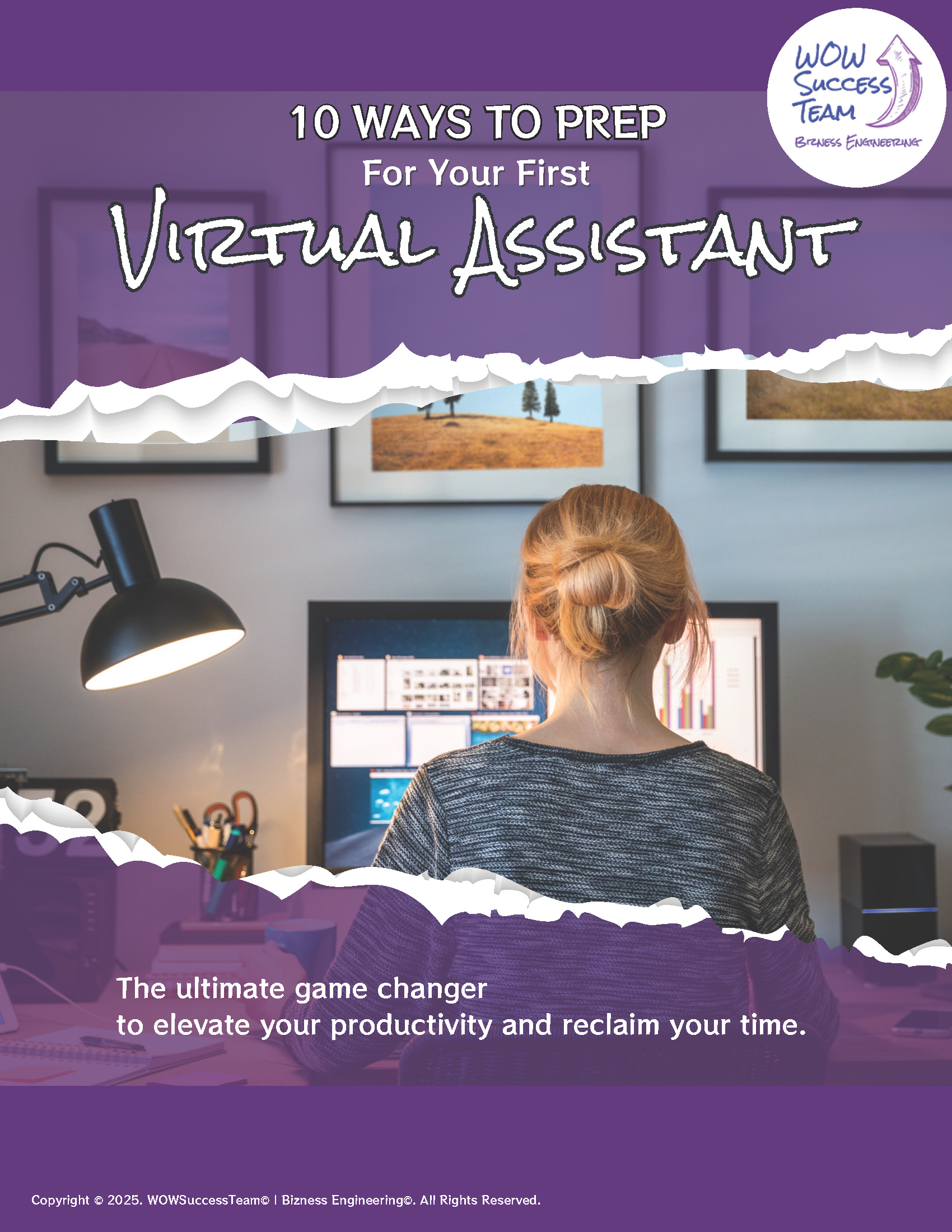 A woman is sitting in front of a computer with the words virtual assistant on the cover