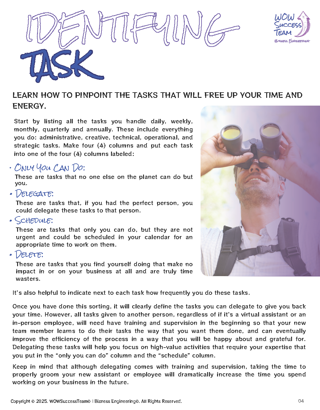 A man is looking through binoculars on a purple background