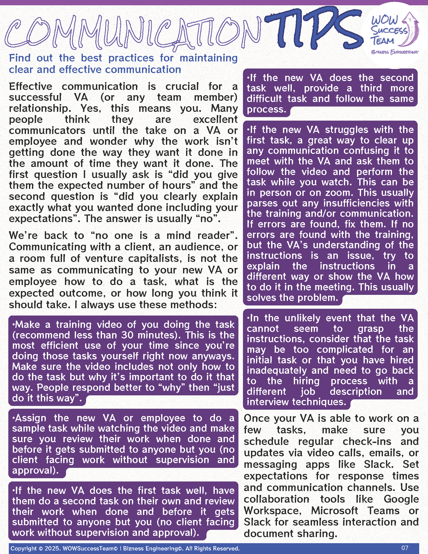 A purple poster with the words communication tips on it