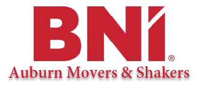 Bni auburn movers and shakers logo on a white background