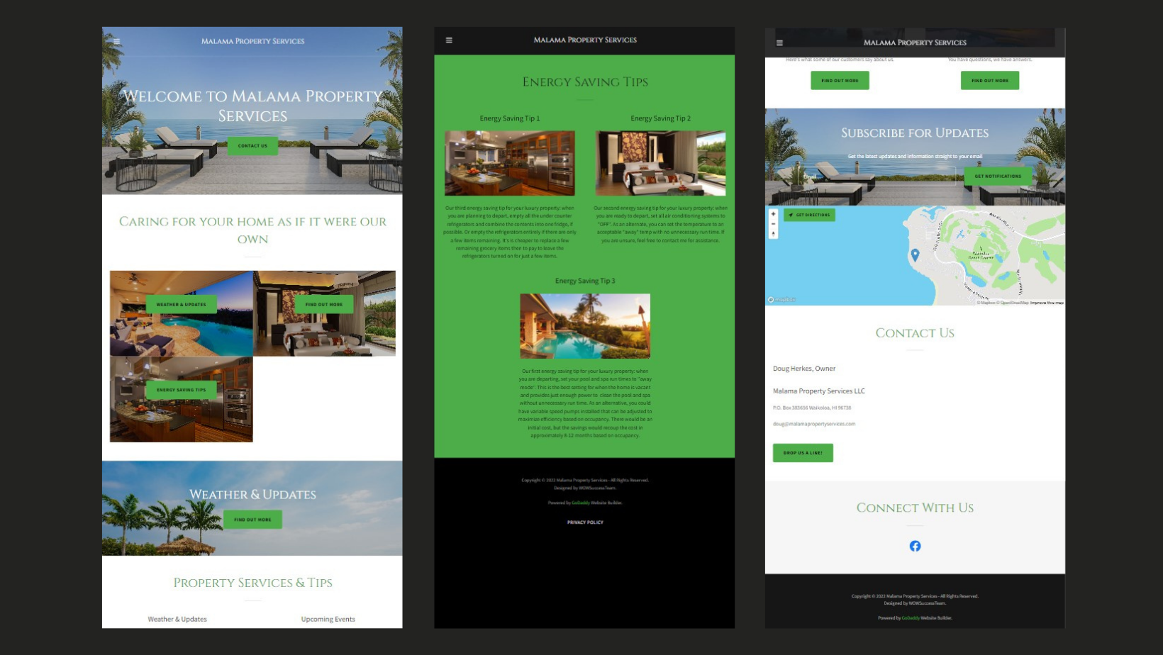 Three different versions of a website with a green background