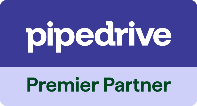 A blue and white logo for pipedrive premier partner