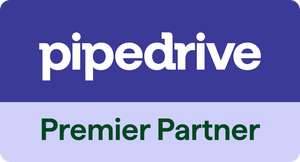 A blue and white logo for pipedrive premier partner