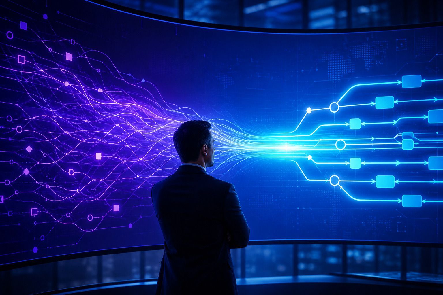 Business owner reviews a glowing workflow map, turning tangled steps into a clear connected system.