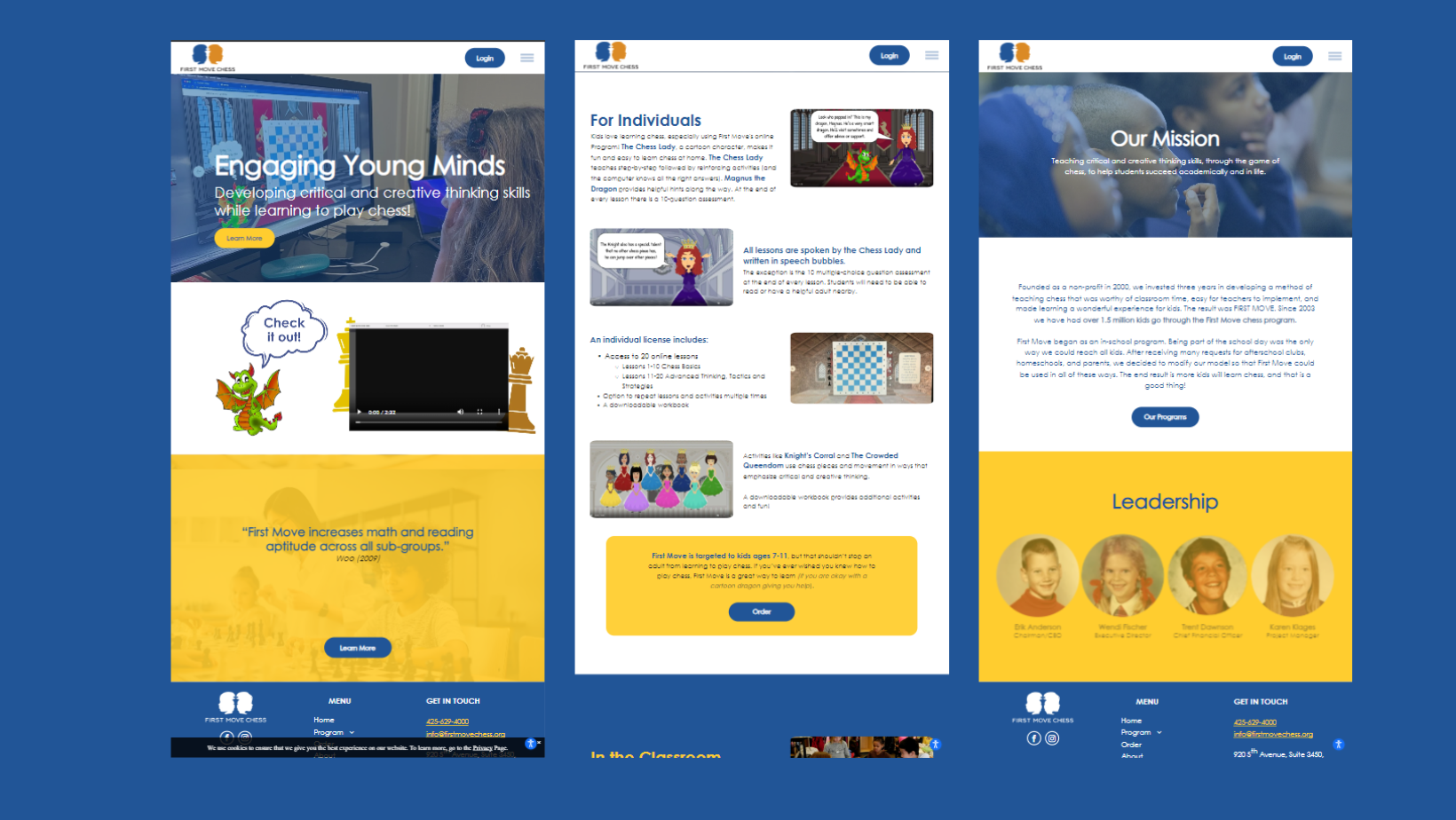 A web page for engaging young minds is shown on a blue background