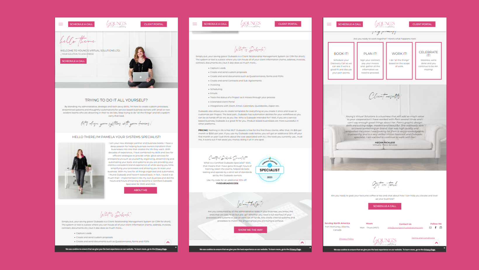 A woman is sitting in a chair on a pink background