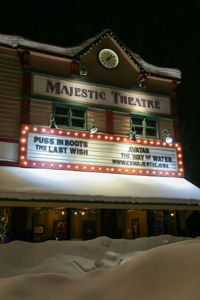 snowy scene at majestic theatre crested butte