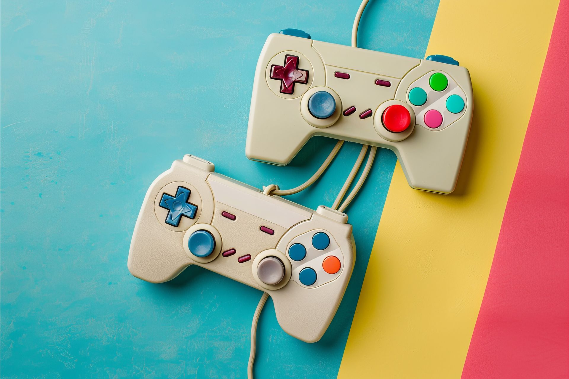 Two video game controllers are sitting on a colorful table.