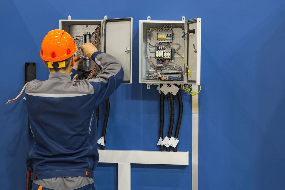 Worker in orange hard hat wiring electrical panels against a blue wall