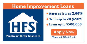 An HFS advertisement for home improvement loans featuring rates from 2.99%, 20-year terms, up to $500,000, and an Apply link.