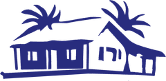 A simple blue line art drawing of a beach house with palm trees on the roof.