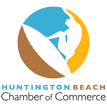 Logo for Huntington Beach Chamber of Commerce featuring a circular icon of a surfer in blue and yellow colors.