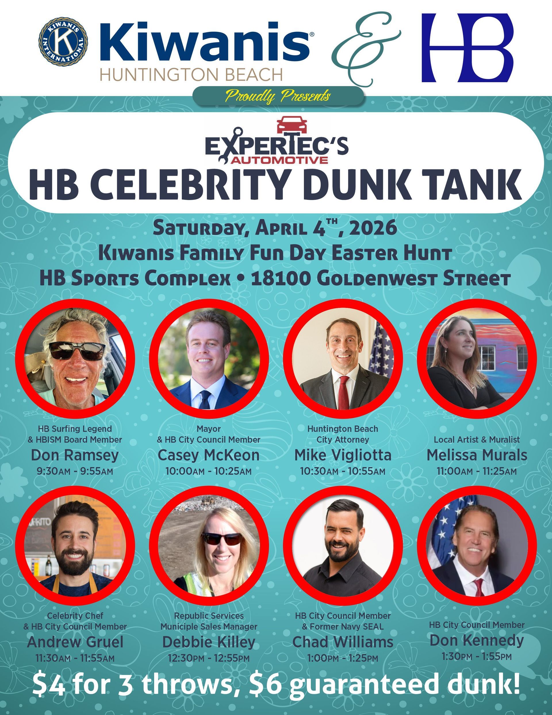 Flyer for a celebrity dunk tank event at HB Sports Complex, Saturday, April 4, 2026. Featuring listed and mystery celebrities, $5 for 3 throws.