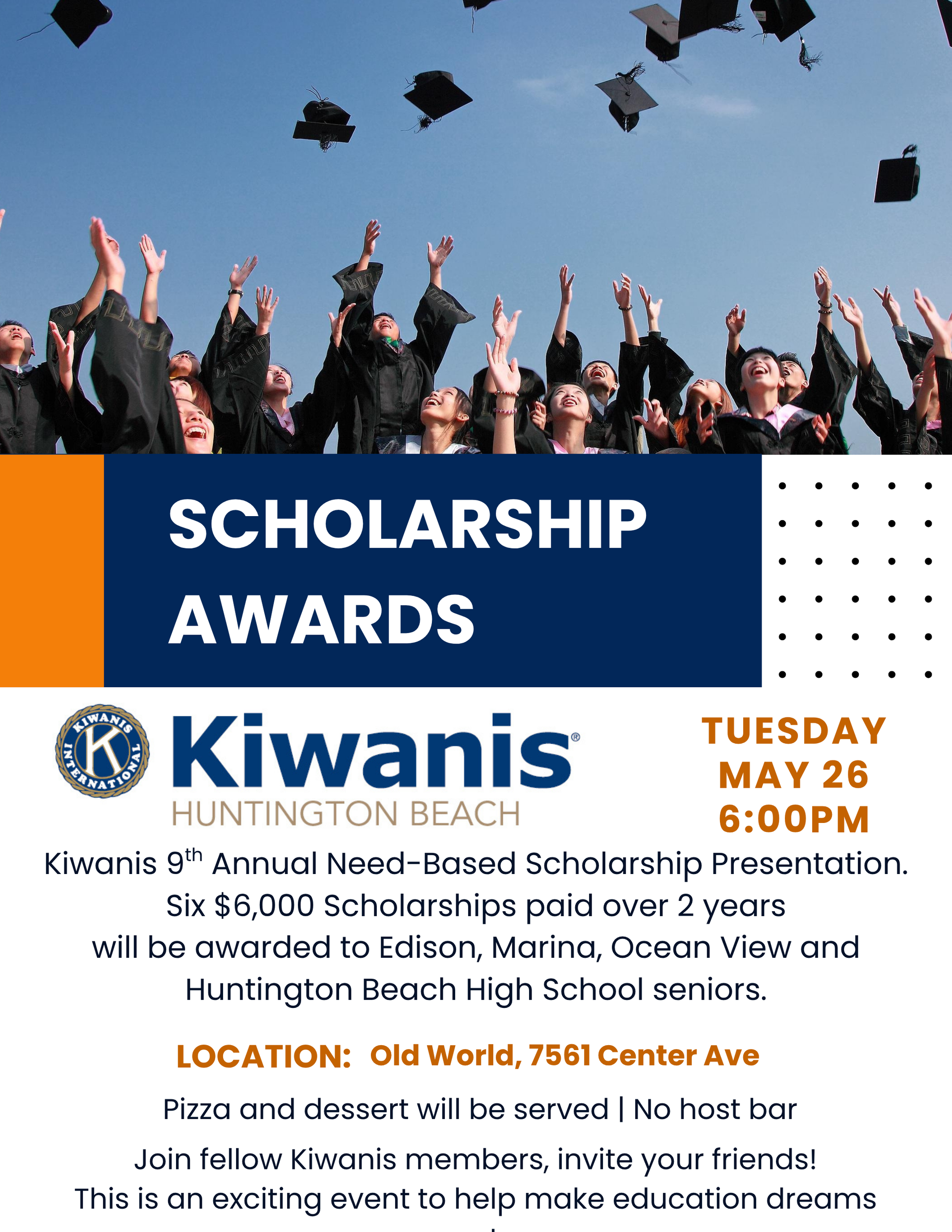 Flyer for a Kiwanis Social Mixer on March 31 at 5:00 PM at Sebastiani's Italian Bistro in Huntington Beach.