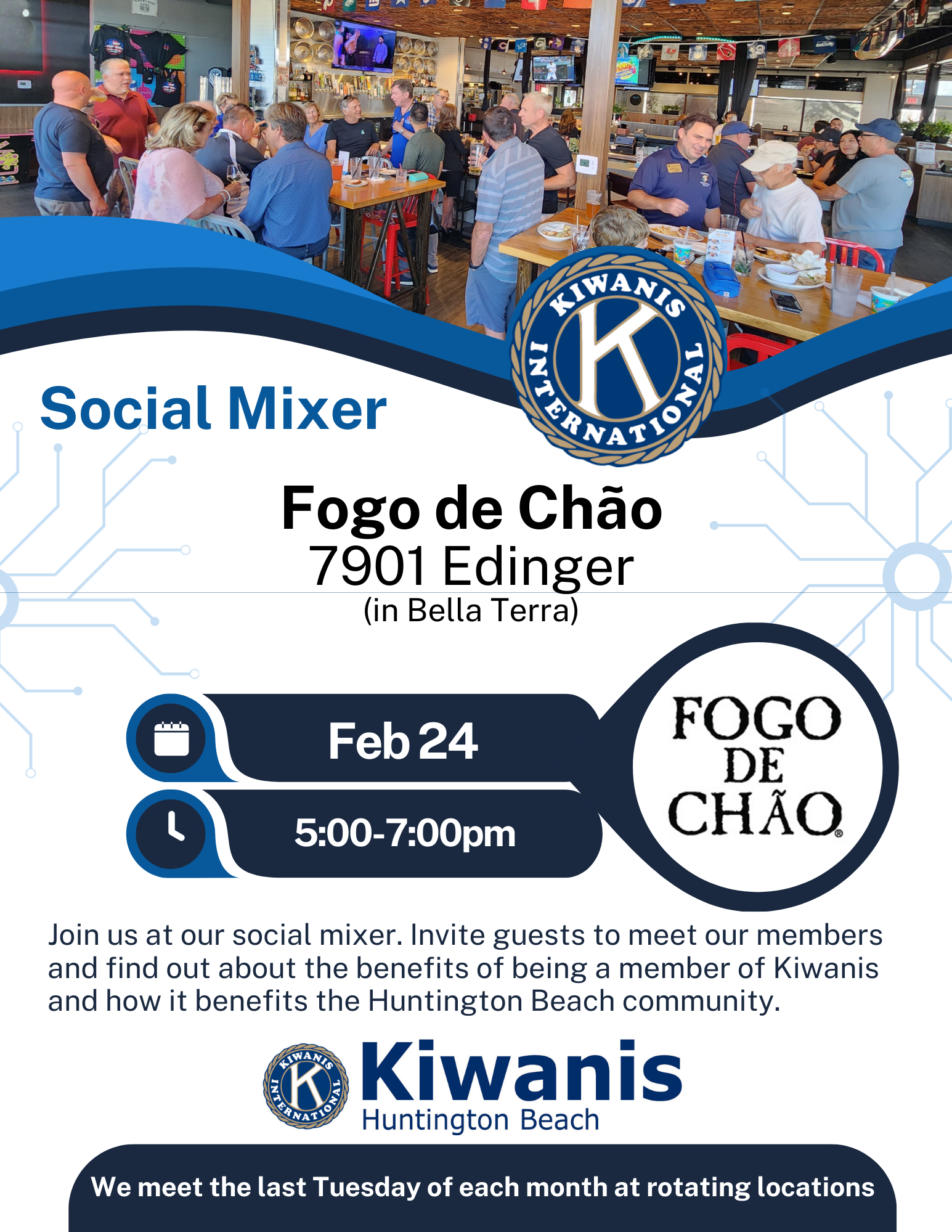 Flyer for a Kiwanis social mixer at Sandy's Beach Shack in Huntington Beach on January 27, 5-7pm.