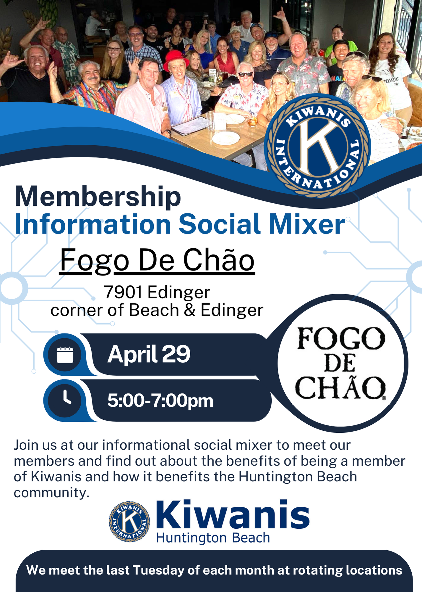 A flyer for kiwanis of huntington beach membership information mixer.  Kiwanis Evening Social