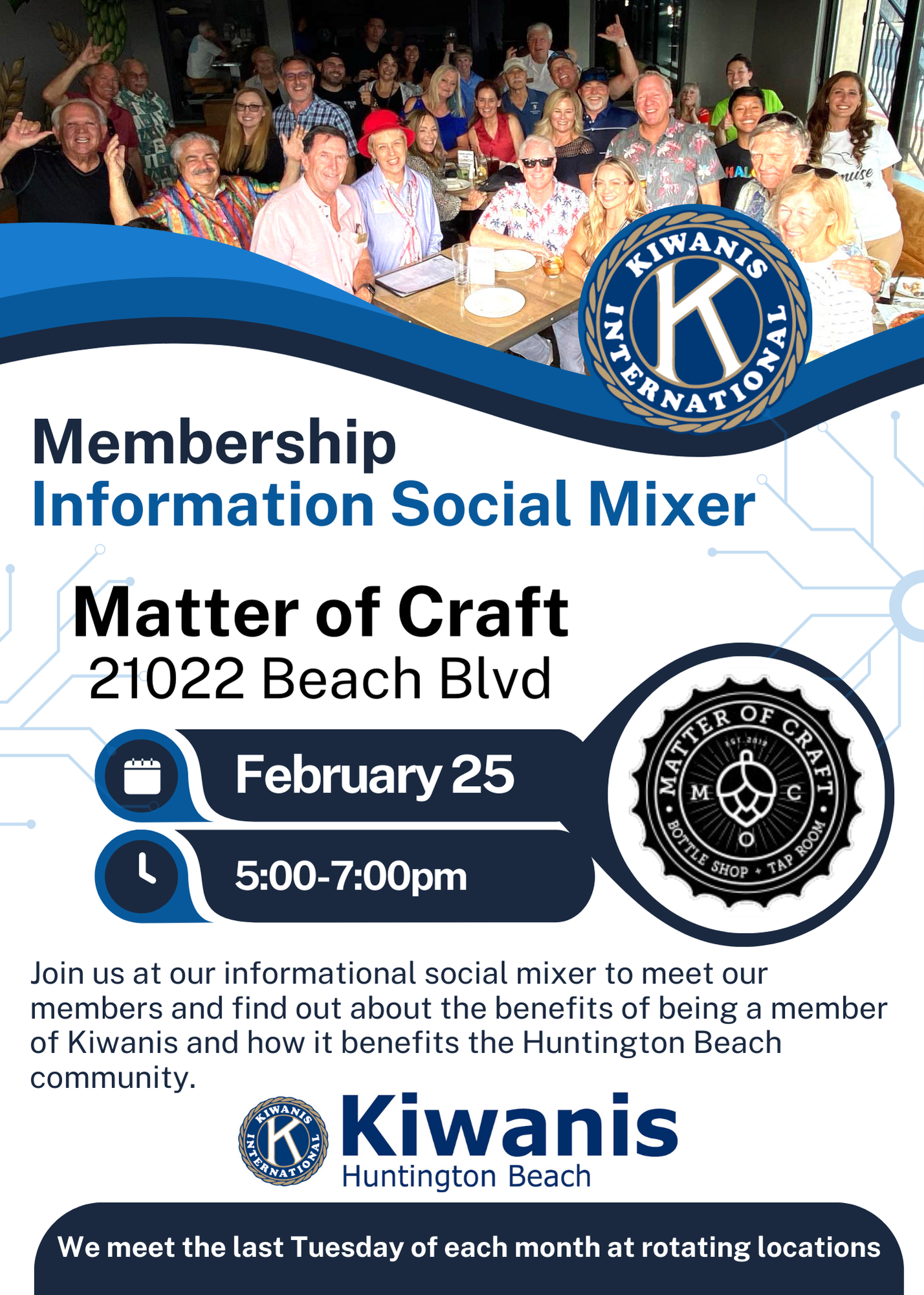 A flyer for kiwanis of huntington beach membership information mixer.  Kiwanis Evening Social