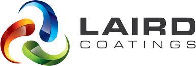 A laird coatings logo with a colorful swirl on a white background.