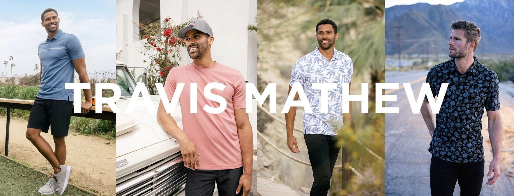Men's fashion advertisement. Four men wearing casual shirts in various outdoor settings. White text reads