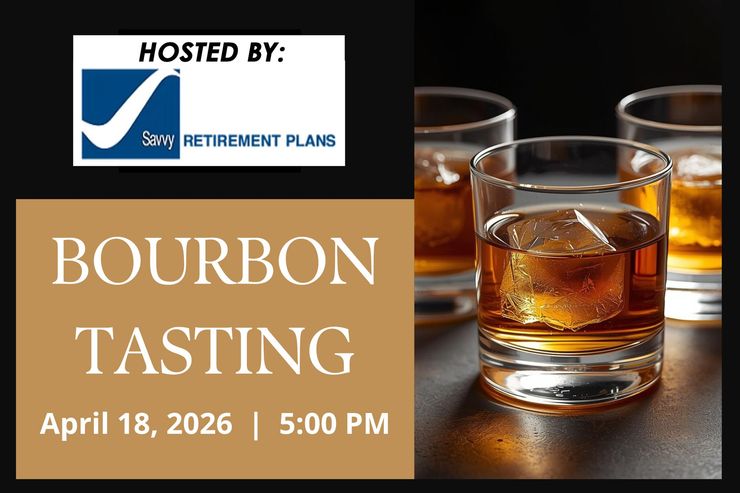 Bourbon tasting event hosted by Barry Retirement Plans. April 18, 2026, 5:00 PM. Includes bourbon glasses with ice.
