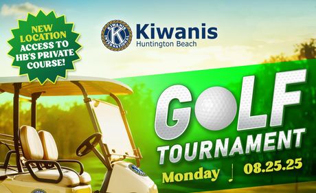 Golf tournament flyer: Kiwanis event at The Huntington Club on August 25, 2025. Features a golf cart and promotes student scholarships.