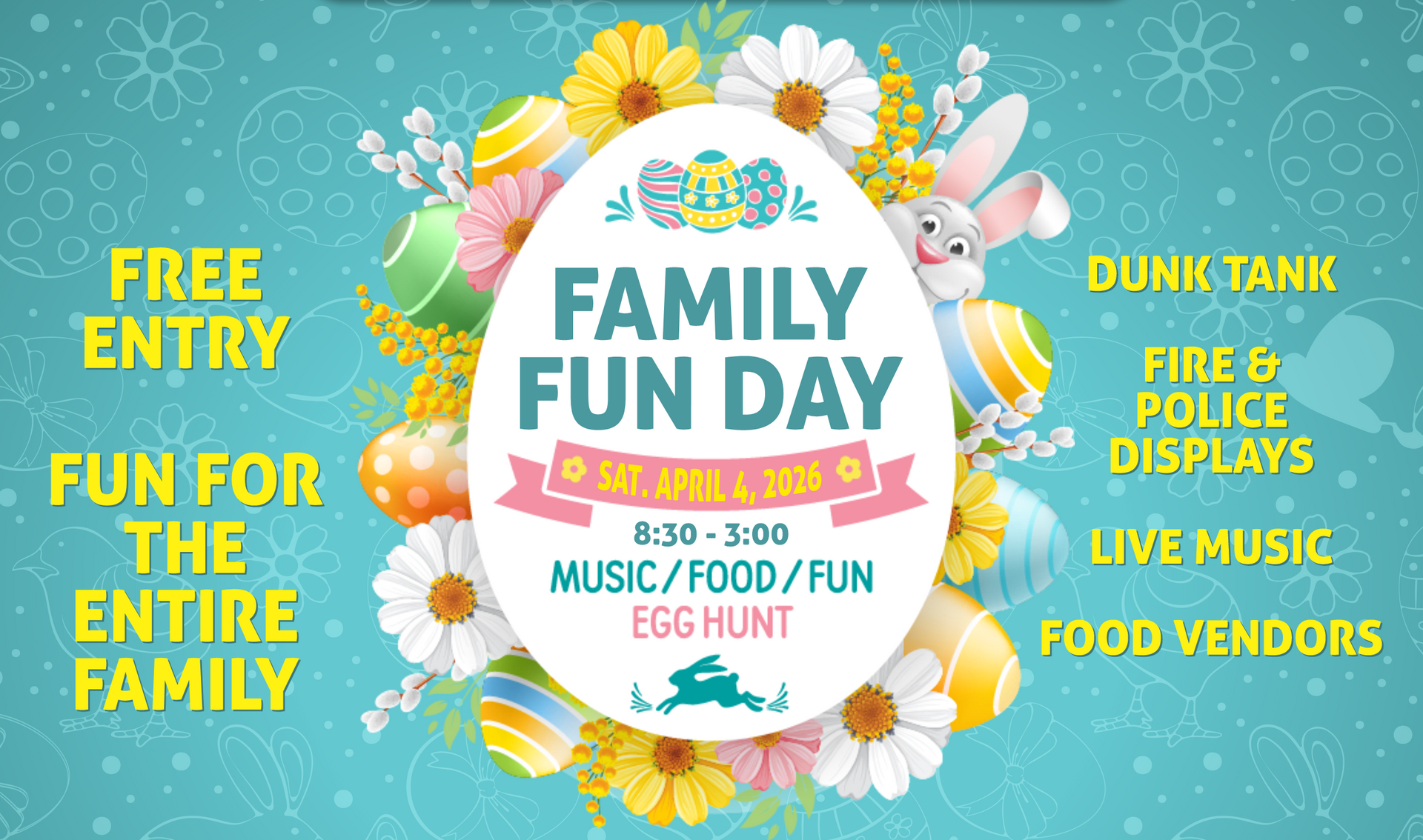 Bourbon Tasting fundraiser Family Fun Day poster: Easter egg design, includes event details like music, food, egg hunt, and time/date.