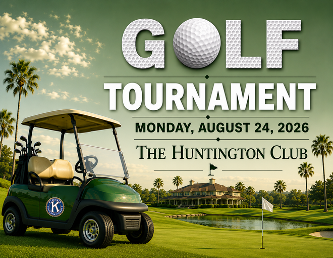 Golf tournament poster at The Huntington Club, Monday, August 24, 2026, with golf cart and course.