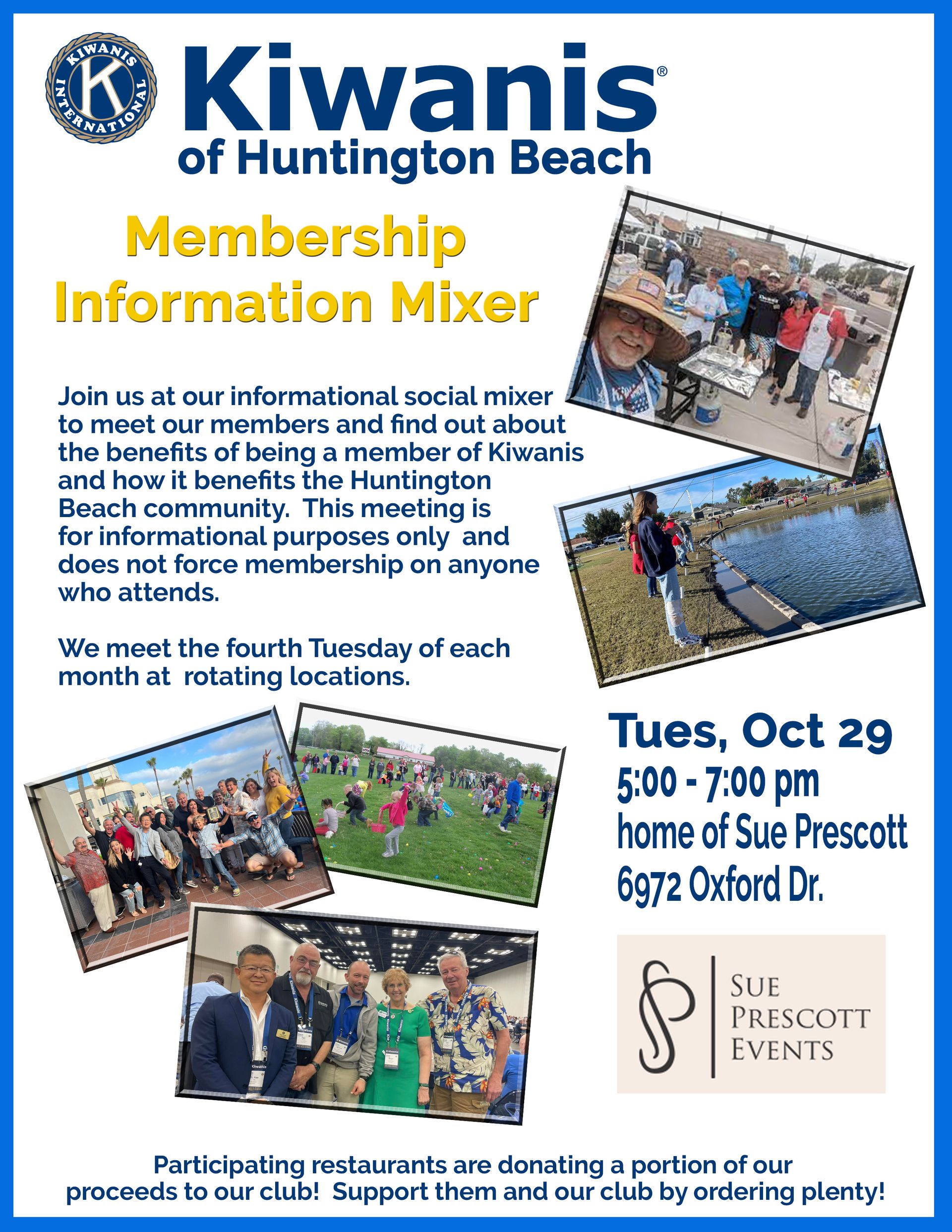 A flyer for kiwanis of huntington beach membership information mixer.  Kiwanis Evening Social