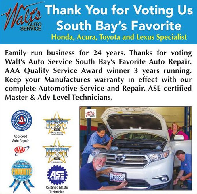 An advertisement for walt 's auto service in south bay | Walt's Auto Service