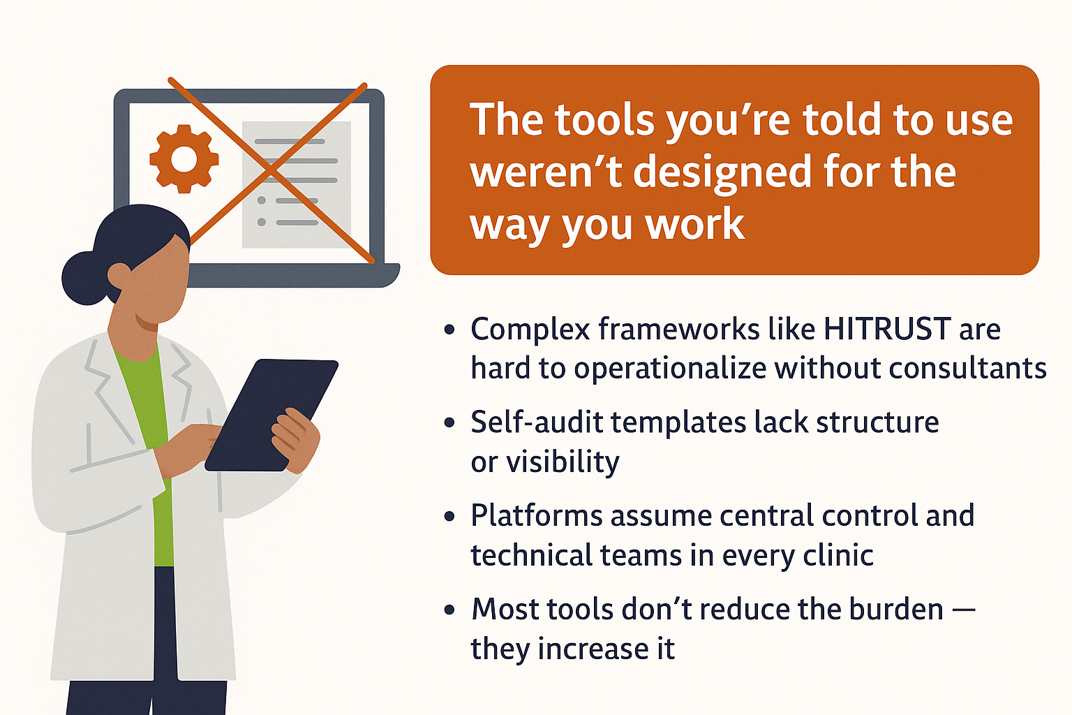 The tools you’re told to use weren’t designed for the way you work.
Supporting Points:
Complex frameworks like HITRUST are hard to operationalize without consultants
Self-audit templates lack structure or visibility
Platforms assume central control and technical teams in every clinic
Most tools don’t reduce the burden — they increase it