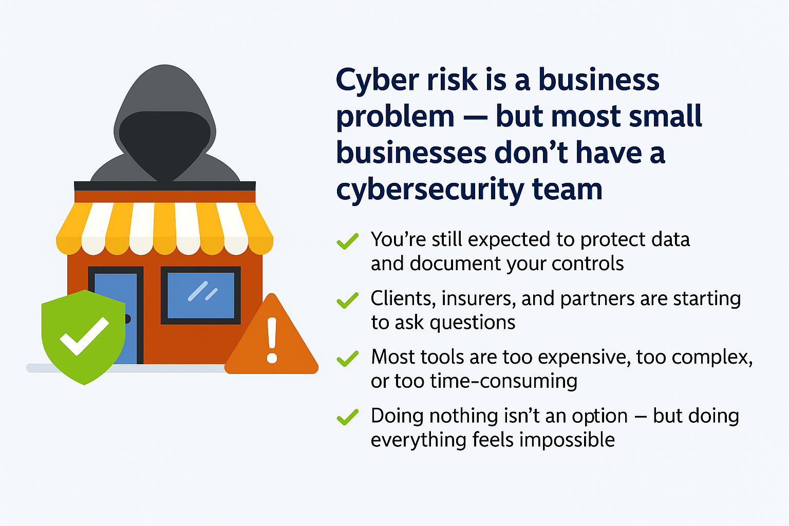 Cyber risk is a business problem — but most small businesses don’t have a cybersecurity team.
Supporting Points:
You’re still expected to protect data and document your controls
Clients, insurers, and partners are starting to ask questions
Most tools are too expensive, too complex, or too time-consuming
Doing nothing isn’t an option — but doing everything feels impossible