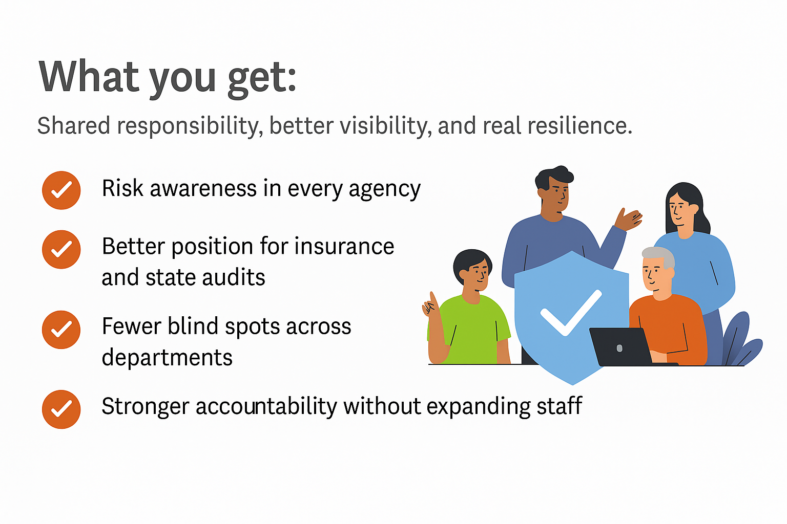 What you get:
Shared responsibility, better visibility, and real resilience.
Risk awareness in every agency
Better position for insurance and state audits
Fewer blind spots across departments
Stronger accountability without expanding staff