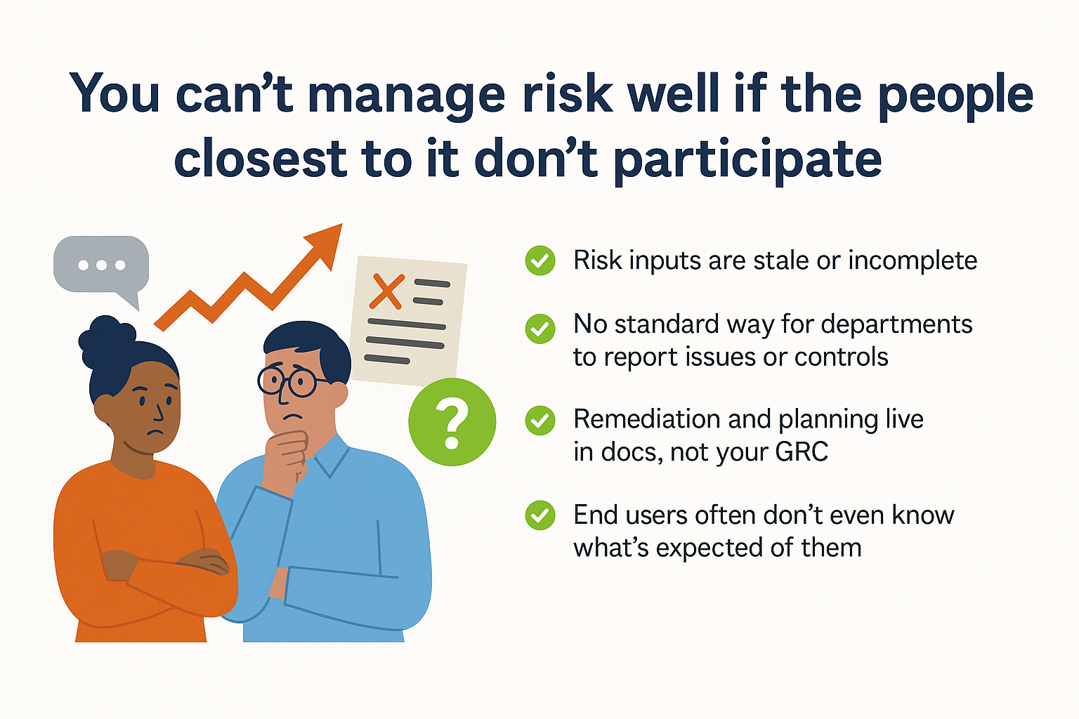 You can’t manage risk well if the people closest to it don’t participate.
Supporting Points:
Risk inputs are stale or incomplete
No standard way for departments to report issues or controls
Remediation and planning live in docs, not your GRC
End users often don’t even know what’s expected of them