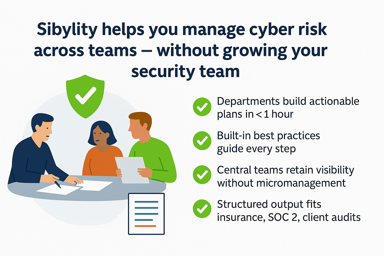 Sibylity helps you manage cyber risk across teams — without growing your security team.
Supporting Points:
Departments build actionable plans in less than 1 hour
Built-in best practices guide every step
Central teams retain visibility without micromanagement
Structured output fits insurance, SOC 2, client audits