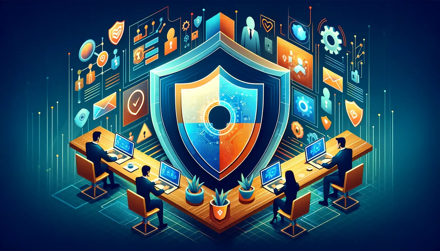 a group of people are sitting at a table with laptops in front of a shield .