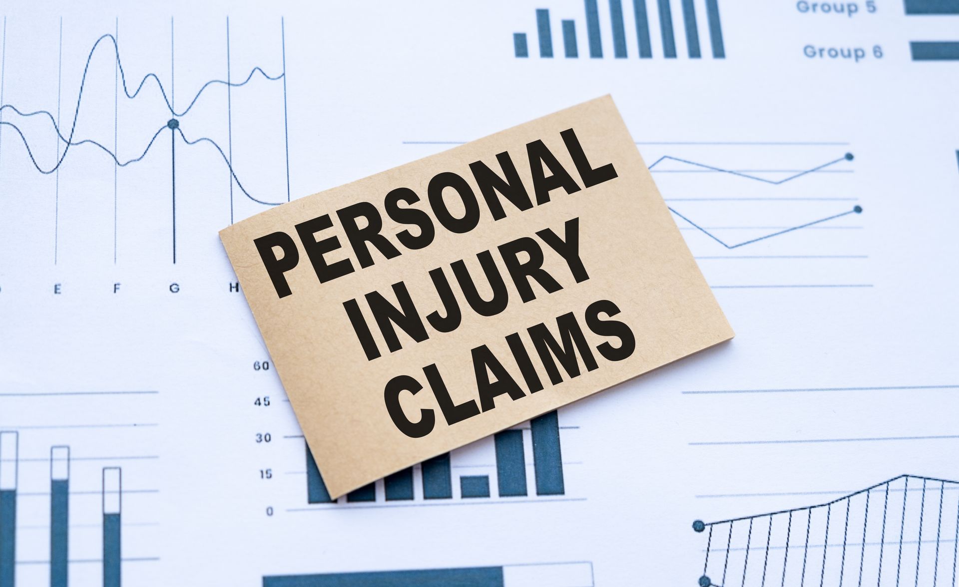 “PERSONAL INJURY CLAIMS” note over blue charts and graphs on a desk