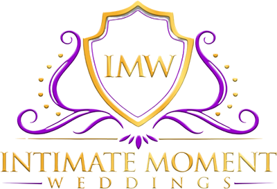 Logo for Intimate Moment Weddings, featuring a gold shield with "IMW" inside, surrounded by purple flourishes.