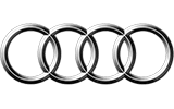 Audi logo with four interlocking silver rings on a white background