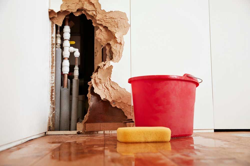 A red bucket and a yellow sponge are on the floor next to a hole in the wall.