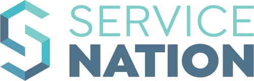 The logo for service nation is blue and white with a hexagon in the middle.