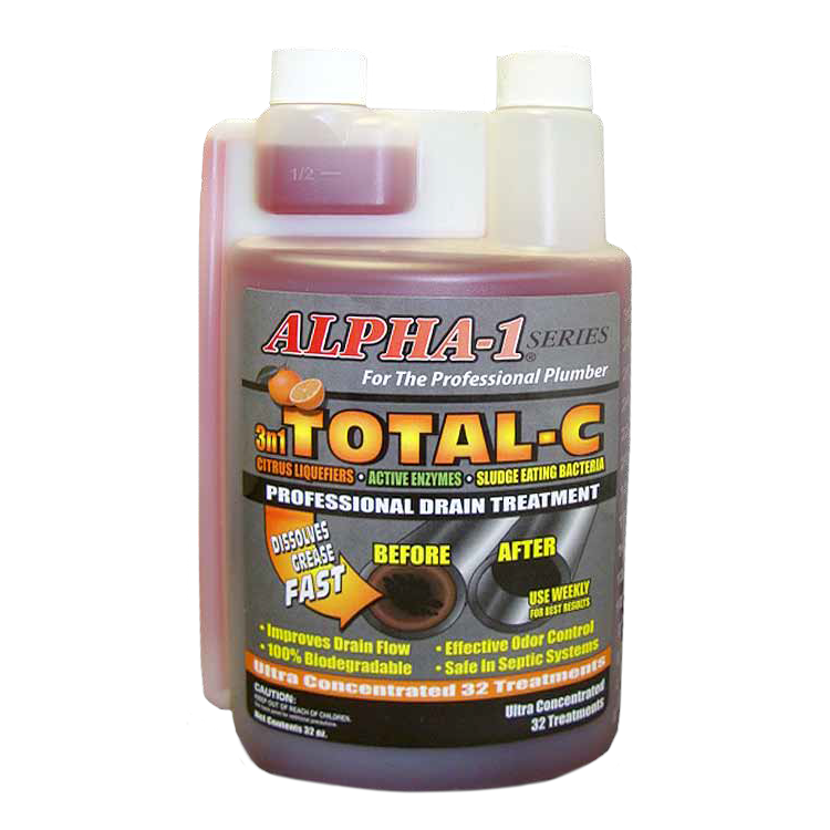 A bottle of alpha 1 total c professional drain treatment