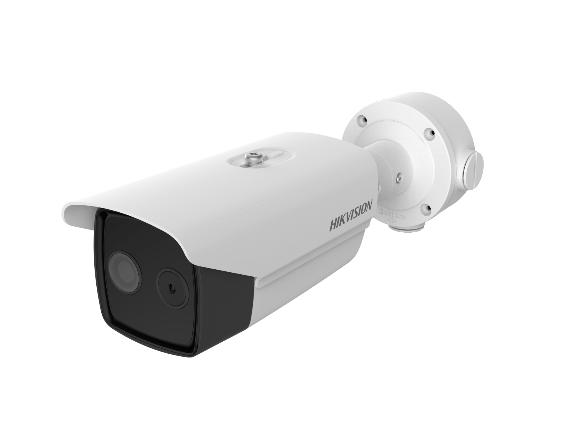 White security camera with black lens cover, angled on a wall mount.
