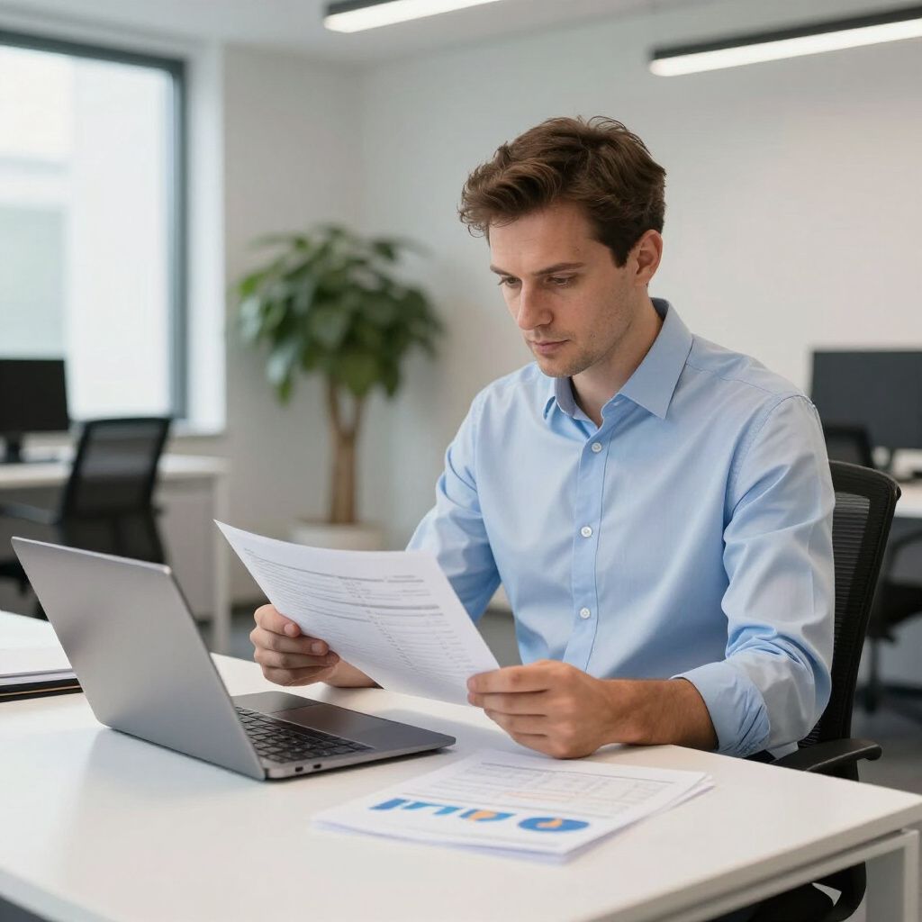 Man in light blue shirt reviews documents at desk with laptop in an office setting.