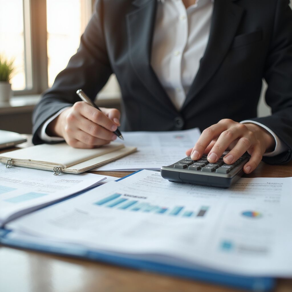 Person in a suit calculating with a calculator, taking notes, and reviewing charts at a desk.