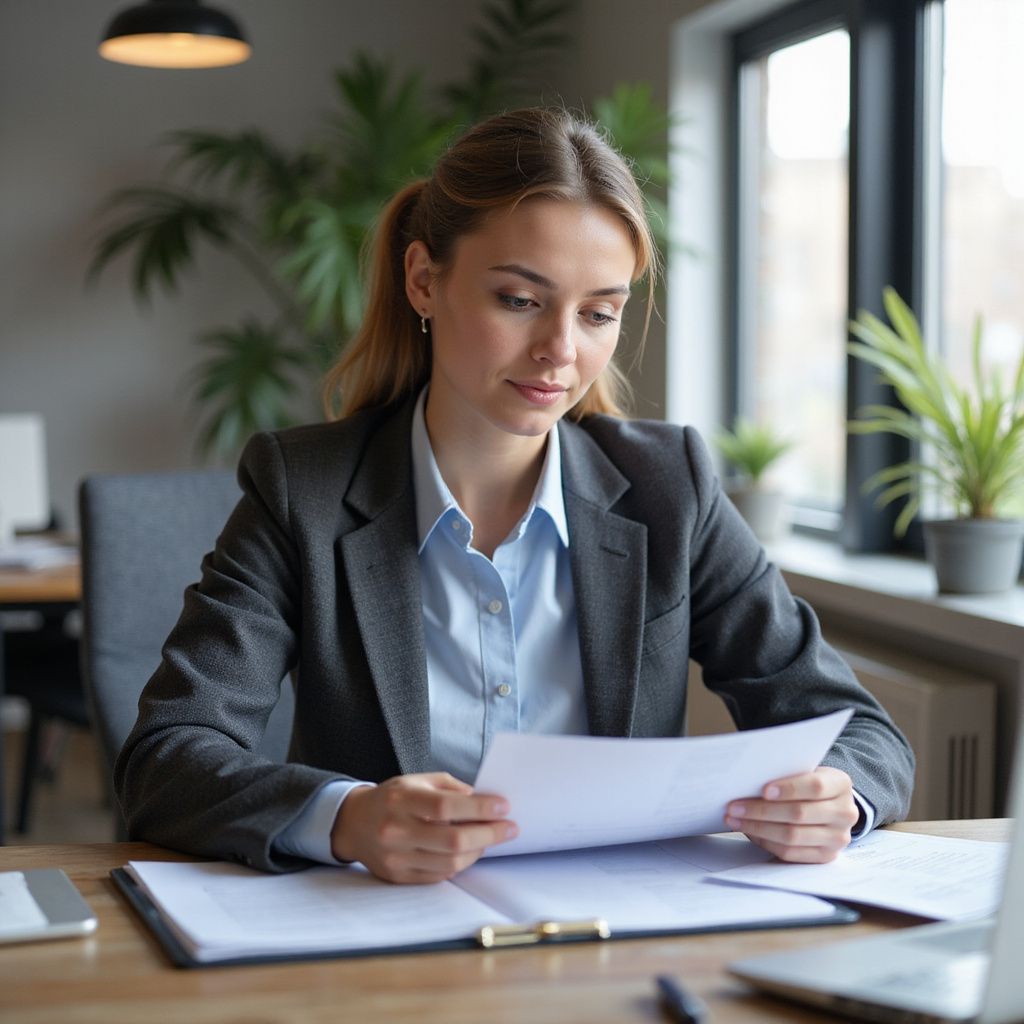 Woman in gray blazer reading papers at a desk, office setting.